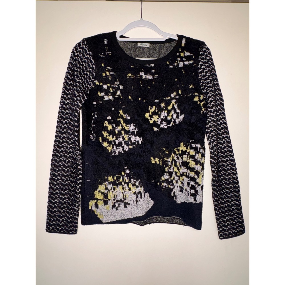Kenzo Paris Silk Sweater Mixed Texture Abstract Knit Slim Designer Top Black M